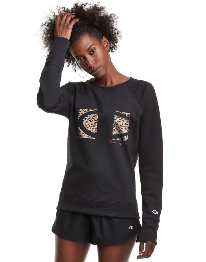 Sudadera Champion Mujer - Powerblend Fleece Crew Leopard Colorblock Logo ( Negras ) 7306128-ZD